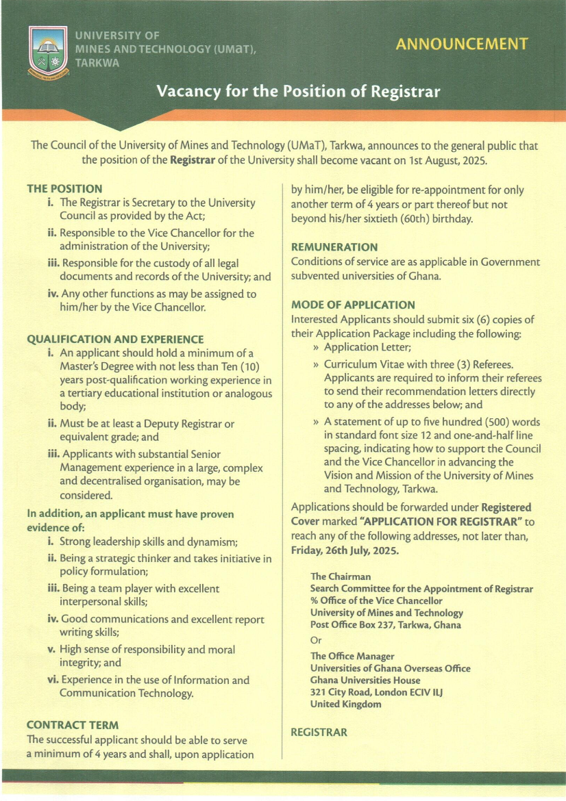 Vacancy for the Position of Registrar